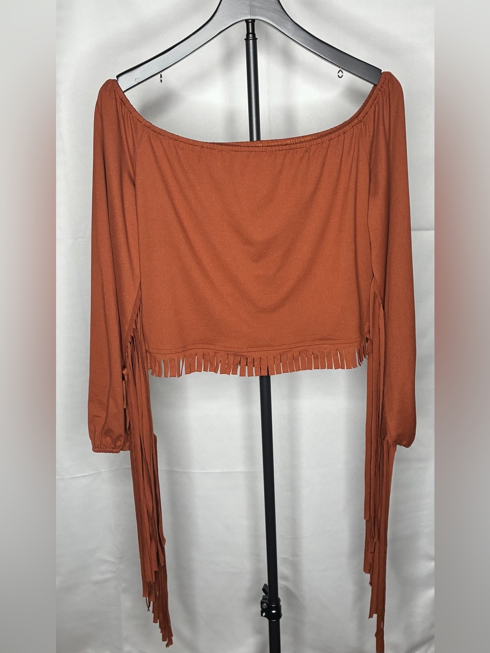 Rust Fringe Off-Shoulder Women's Top